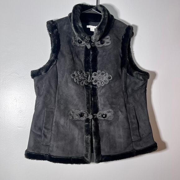 Coldwater Creek Faux Suede Faux Fur Vest L Gray Toggle Closure Winter Boho - Picture 10 of 12